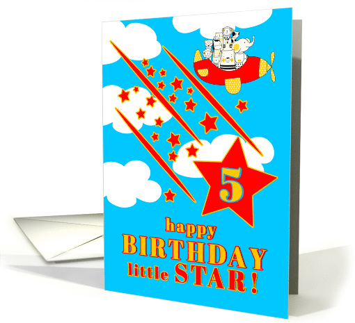 5th Birthday Little Star Cute Animals in a Plane Red Blue... (451036)