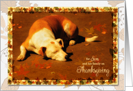 for Son and His Family Thanksgiving Dog in Autumn Sun card