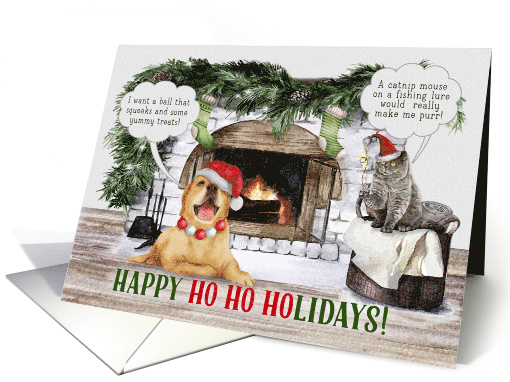 Ho Ho Holiday Greetings Funny Dog and Cat in Santa Hats card (484864)