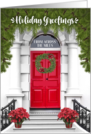 From Across the Miles Wreath on a Door in Red and Silver card