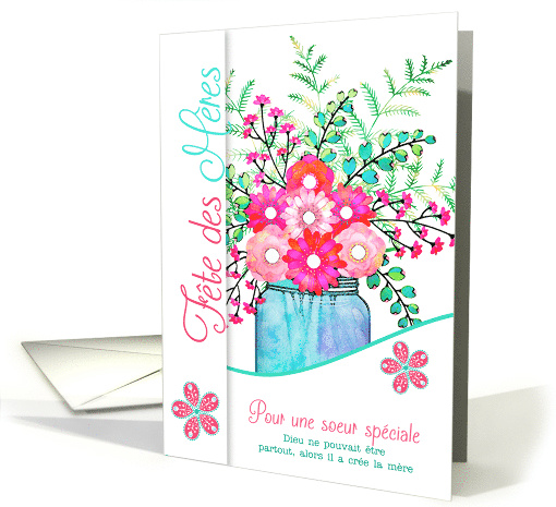 French Language Mother's Day for Sister Pink and Aqua Flowers card