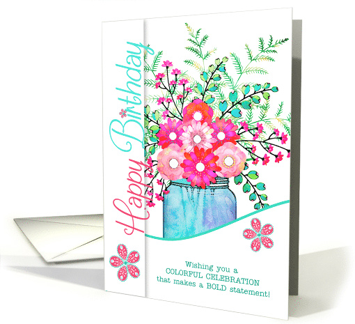 Birthday Aqua and Pink Bright Illustrated Floral Bouquet card (590456)