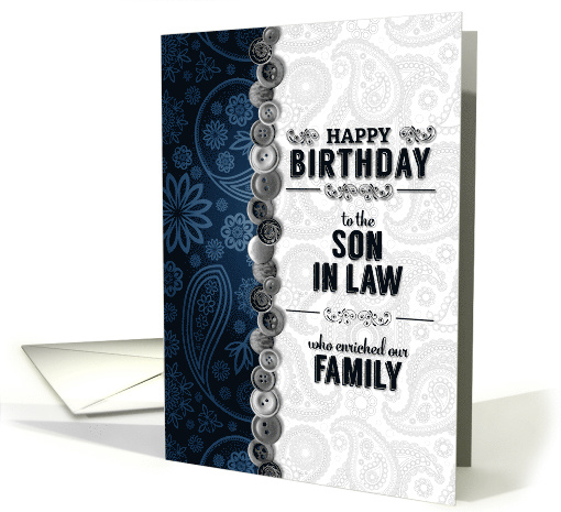 Son in Law Birthday in Blue and Silver Paisley with Buttons card