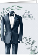 Son Best Man Request Wedding Tux Blue with Eucalyptus card