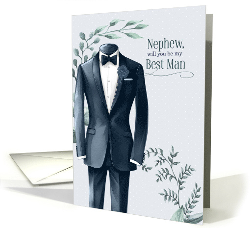 Nephew Best Man Request Blue Wedding Tux with Eucalyptus card (615098)