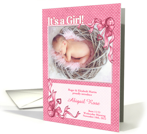 Pink Polka Dot Birth Announcement with Baby's Photo for Girls card