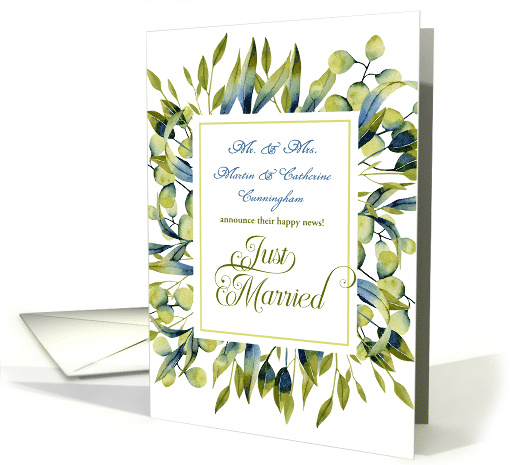 Just Married Announcement Sage Green Botanical card (630993)