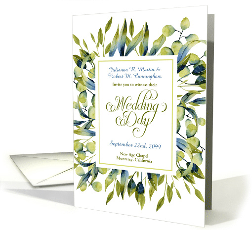 Wedding Invitation Elegant Sage Green and Blue Botanical card (631080)