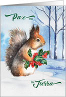 Spanish Christmas Squirrel and Holly Peace on Earth card