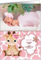 Pink Giraffe Jungle Theme Baby Announcement Photo card