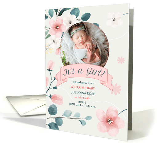 Peach Botanical New Baby Birth Announcement with Photo card (711088)