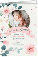 Peach Botanical New Baby Birth Announcement with Photo card