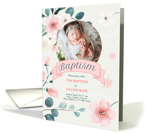 Pink Baptism Invitation for Baby Girl Peach Blossoms Photo card