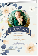 Blue and Brown Baptism Invitation for Baby Boy Custom Photo card