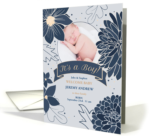 Blue Baby Boy Birth Announcement Slate Blue Botanical Photo card