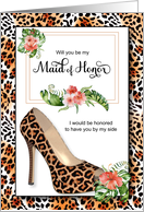 Maid of Honor Request Cheetah Print with Stiletto Heel card