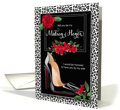 Matron of Honor Request Silver Cheetah Stiletto and Rose card (713448)