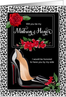 Matron of Honor Request Silver Cheetah Stiletto and Rose card