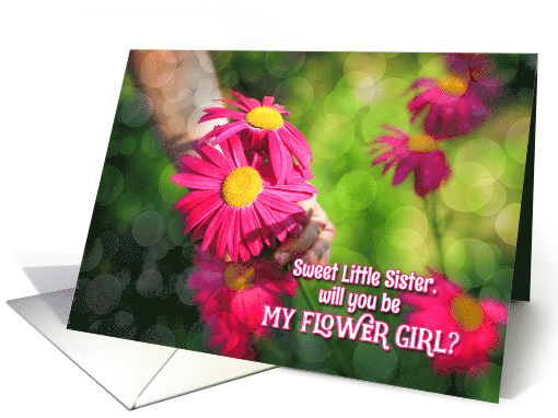 Little Sister Flower Girl Request Pink and Yellow Daisies card