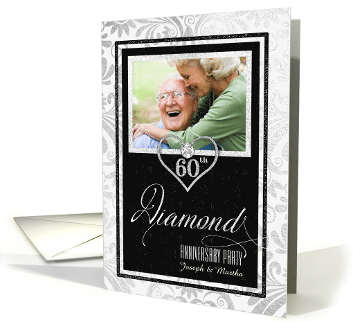 60th Diamond Wedding Anniversary Faux Silver Leaf Custom Photo card