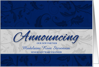 Custom Business Announcement for New Partner in Blue card