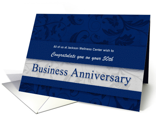 50th Business Anniversary Congratulations Blue and Silver Custom card