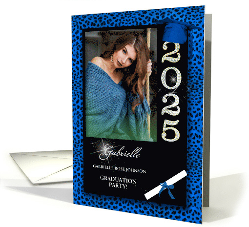 Blue Cheetah Print Class of 2025 Graduation Party Custom Photo card