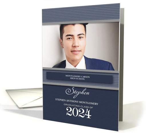 Class of 2024 with Grad's Photo Blue Pinstripe Graduation card