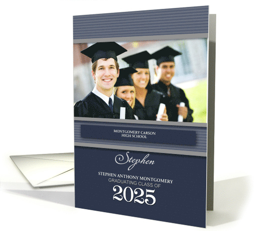 Class of 2025 Graduation Party Blue Pinstripes Custom Photo card