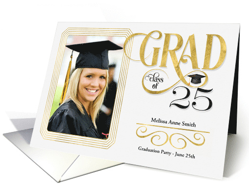 Graduation Party Class of 2025 Faux Gold Leaf and White Photo card