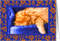 Orange Tabby Cat Painting on a Blue Sofa Blank Any Occasion card