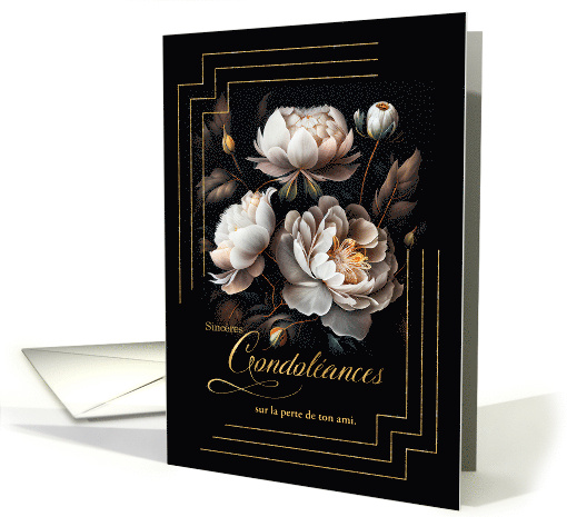 French Loss of a Friend Condolances Magnolia Blooms on Black card