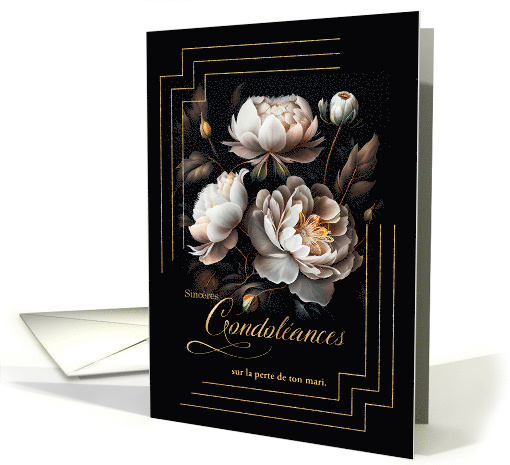 French Loss of a Husband Condolances Magnolia Blooms on Black card