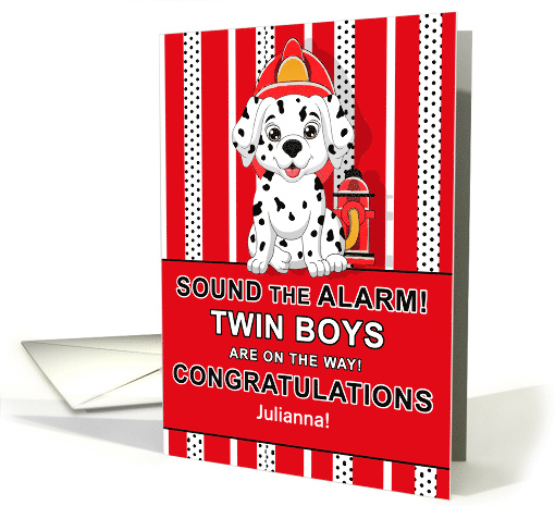 Twin Boy Congratulations Cute Dalmatian Firehouse Dog Theme card