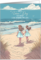 for Twin Sister on Twins Day Girls on the Beach Tinted Photograph card