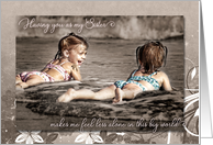 Twin Sister Birthday Little Girls on the Beach Retro Tint Theme card