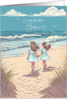 Twin Sister Birthday Little Girls on the Beach Line Art Style card
