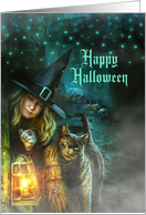 Halloween Witch with Black Cat and Lantern card