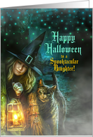 for Daughter Halloween Witch and Black Cat Spooky Night card
