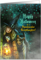 for Granddaughter Halloween Witch and Black Cat Spooky Night card