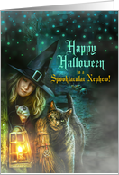 for Nephew on Halloween Witch and a Black Cat Spooky Night card