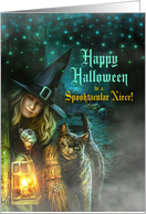 for Niece on Halloween Witch with Black Cat Spook Night card