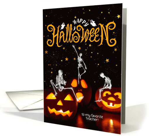 for Teacher Halloween Jack o' lanterns and Skeletons Custom Text card