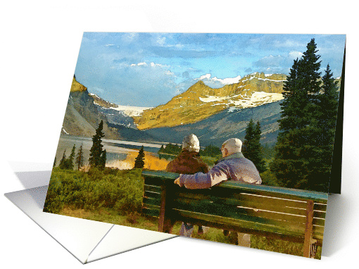 Couple on a Bench Mountain Lake Watercolor Blank Any Occasion card