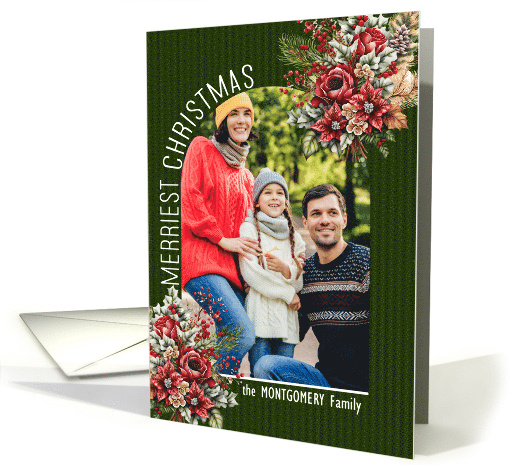 Christmas Poisettia and Berries with Green Stripes with Photo card