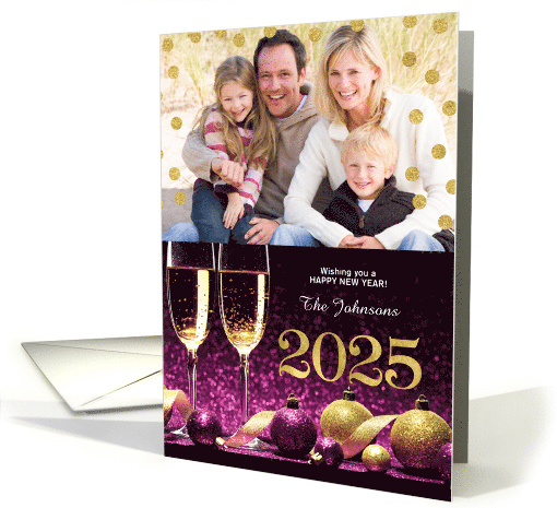 Happy New Year 2025 Purple and Gold Champagne Custom Photo card