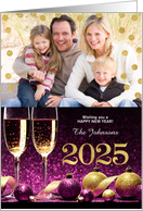 Happy New Year 2025 Purple and Gold Champagne Custom Photo card