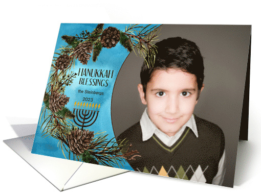 Hanukkah Blessings Blue Wash with Pine Wreath Photo card (852488)
