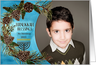 Hanukkah Blessings Blue Wash with Pine Wreath Photo card