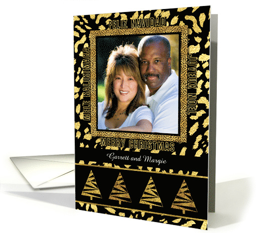 Cheetah Print Faux Gold Leaf Christmas in Mulit Languages Photo card